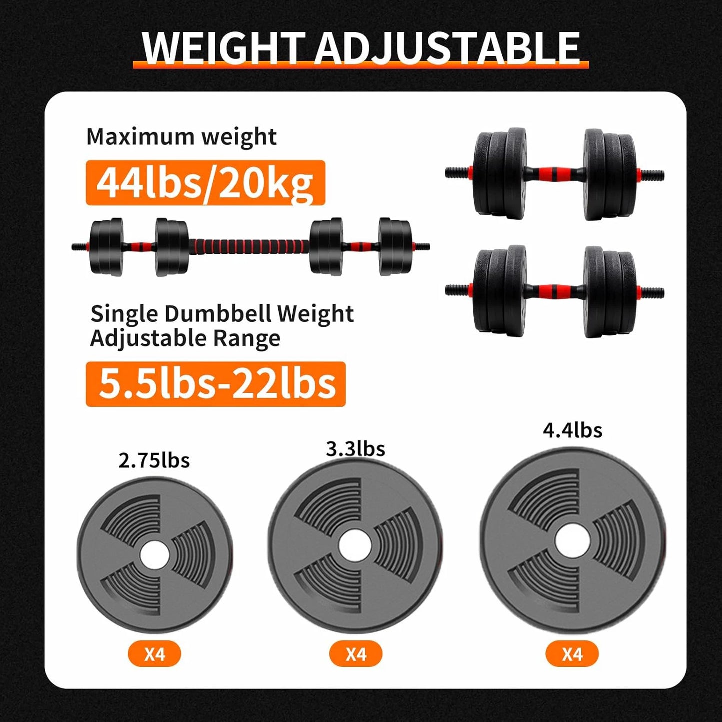 Adjustable Dumbbell to Barbell Set (5–44 lbs)